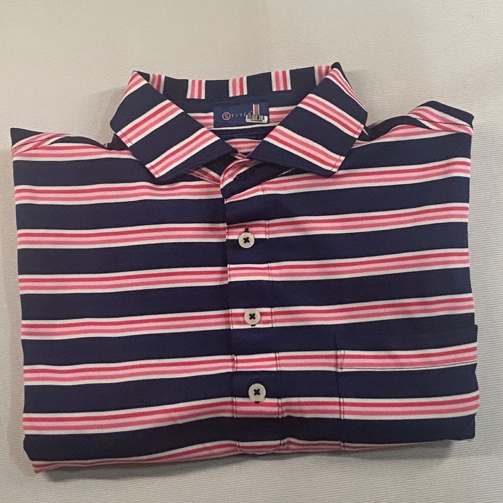 Stitch Golf Mens Navy Pink Striped Performance Polo Shirt Size M Pocket T 1908